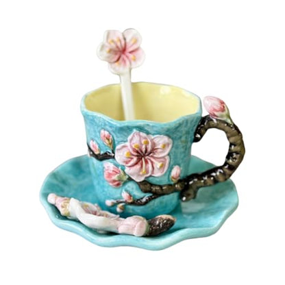 Ceramic Apricot Blossom Coffee Mug and Saucer set with Spoon,3D Handmade and Hand-painted Tea Mug, 6OZ