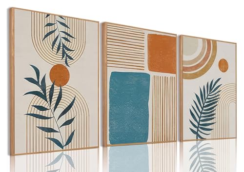 Boho Abstract Botanical Framed Canvas Wall Art Set of 3, 12x16 inch | Mid Century Abstract Wall Decor, Blue Neutral Geometric Prints, Bedroom Living Room Bathroom Art - color: Boho Blue, size: 12"x16"Natural