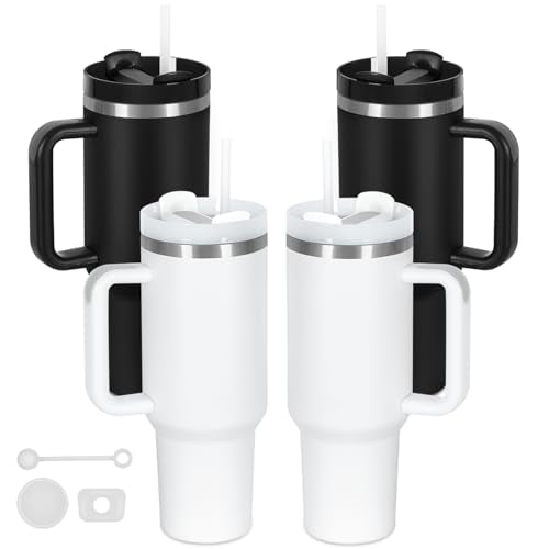 4 Pack 40 Oz Tumblers with Handle Bulk, Double Wall Vacuum Insulated Stainless Steel Tumblers with Lid and Straw, 40 oz Cups with Silicone Spill Proof Stopper Set (Black-2,White-2) - color: Black-2,White-2