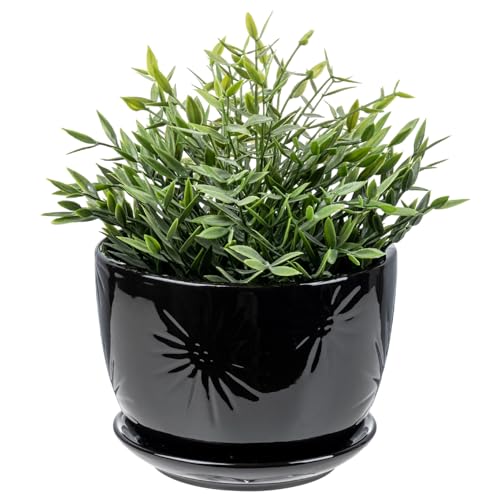 MyGift 7 Inch Glossy Black Ceramic Plant Pot with Drainage Hole and Attached Saucer, Modern Decorative Embossed Sunburst Planter Container for Indoor Home Garden - color: Glossy Black