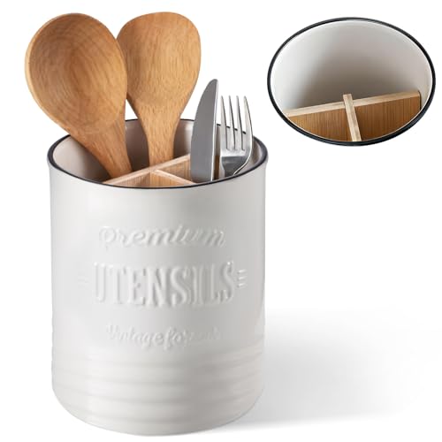DOWAN 3 Compartment Kitchen Utensil Holder, 7.2″ Extra-Large Ceramic Stable Utensil Caddy, Rustic Cooking Utensil Crock for Farmhouse Kitchen Décor, Utensil Holder for Countertop - color: White with devider