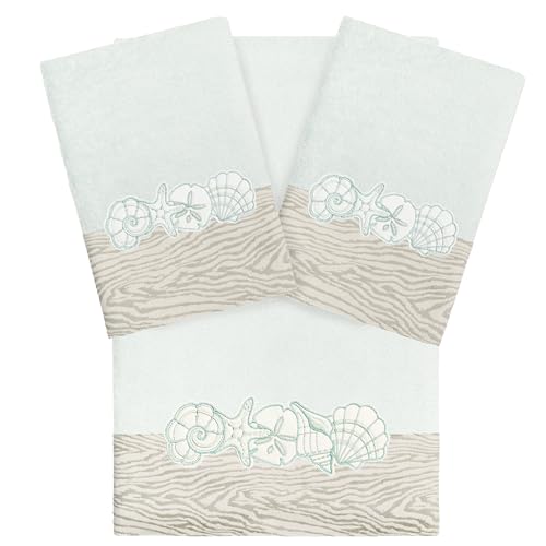 Seaside 3-Piece Towel Set, Embroidered Seashells, 100% Turkish Cotton, Ultra Absorbent & Soft, Coastal Bathroom Decor, 1 Bath 2 Hand Towels, Aqua - color: Aqua, size: 1 Pc Bath 2 Pcs Hand Towel
