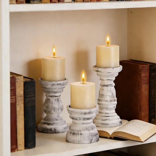 Rustic Wooden Pillar Candle Holders Set of 3 in Distressed White, Florence Style, Farmhouse Wooden Candle Holder, Wooden Candle Stand, Small Wooden Candlestick Holders, Living Room, Table Centerpiece