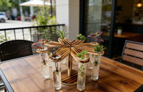 Plant Terrarium Propagation Stations, Clear Glass Flower Vases, Wooden Stand Retro, Hydroponics for Home Office Decoration, Dining Table Centerpiece - 8 Glass Tubes Vases