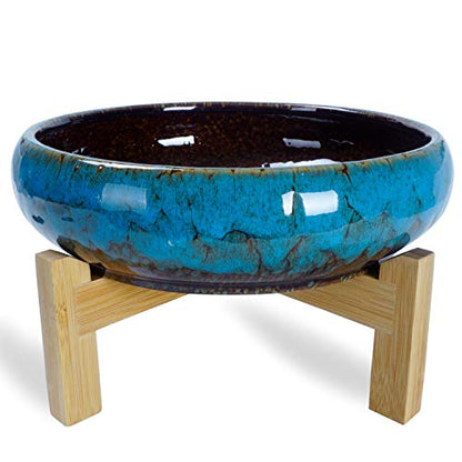 Succulent Pots, 10 Inch Large Succulent Planters with Stand - Ceramic Bonsai Pot with Drainage for Indoor Plants Cactus Flower Planter Pot Plus Succulent Planting Tools Set & 2.2lb Mix Pebbles - color: Blue With Mix Lava Rock Pebbles