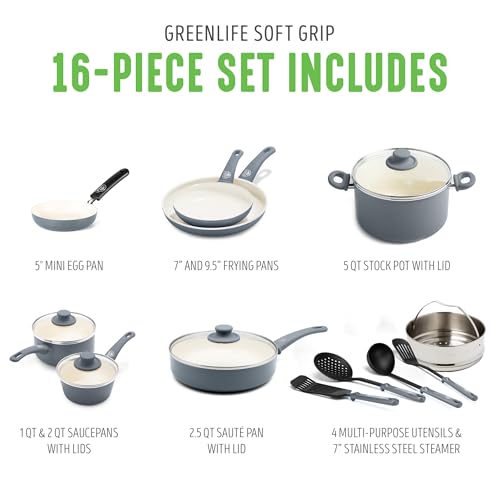 GreenLife 16 Piece Ceramic Nonstick Pots & Pans Cookware Set, Gray | PFAS-Free Nonstick Coating, Stockpot, Frying Pans, Saucepans, Sauté Pan, Stay-Cool Handles, Dishwasher & Oven Safe up to 350F - color: Gray, style: Soft Grip