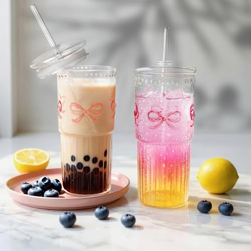 22 Oz Ribbed Glass Cups with Lids and Straws Set of 2, Glassware Set with Pink Bow Glass Tumbler Iced Coffee Cups, Ideal for Iced Coffee, Tea, Milk, Smoothie, Hot Drinks