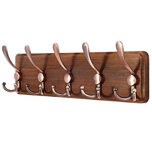 SKOLOO Rustic Pine Wood Wall Coat Rack with 5 Triple Hooks, 16" Stud Spacing, Farmhouse Wall Mounted Coat Rack for Hanging Backpack, Jacket, Hat - color: Brown Plate & Antique Hook, size: 1 Item-5 Hooks