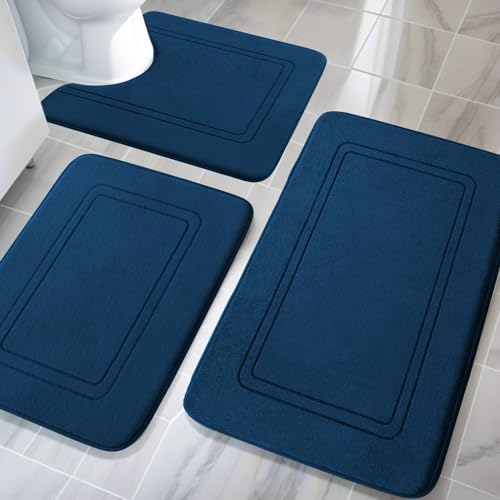 Memory Foam Bath Mat Set, Non Slip Bath Mats, Super Soft and Water Absorbent, Machine Washable U Shape Toilet Mats, Dark Blue - color: Dark Blue, size: 3pieces