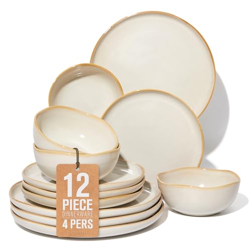Ceramic Plates and Bowls Set, Everyday Dinnerware Set for 4, Wavy Rim Kitchen Dish Set, Chip Resistant Dishware Sets, Dishwasher Safe Dinner Set, Designed for Simple Meals, Yellow White - color: Yellow White, size: Set (12pcs)