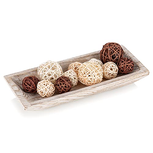 Hanobe Solid Wooden Decorative Bowl for Coffee Table Entryway Decor, White | 14.6" Farmhouse Mid Century Style, Potpourri Tray for Kitchen Dining Table Centerpiece, Mantle Decor - color: White Washed, size: 14"