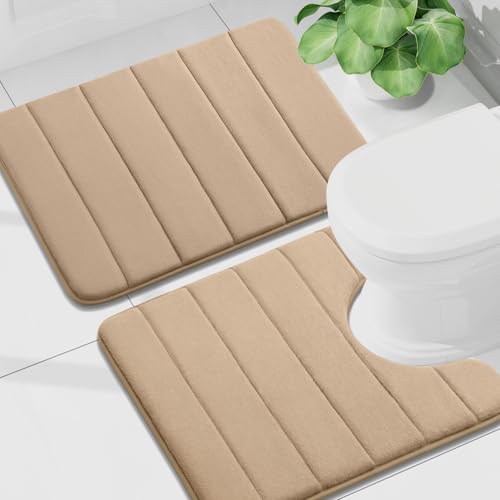 Buganda Memory Foam U-Shaped Toilet Rug Bath Mat Sets 2 Piece, 24x16+24x20 | Camel, Bathroom Mat and Contoured Toilet Rug, Machine Wash Dry, Soft Absorbent Bath Rug for Bathroom, Shower and Tub - color: Camel, size: 24" X 16"+24" X 20"