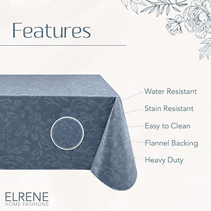 Elrene Home Fashions Camile Floral Damask-Scroll Water- and Stain-Resistant Vinyl Tablecloth with Flannel Backing, 60 Inches X 120 Inches, Rectangle, Blue - color: Blue, size: 120" x 60" (Rectangular)