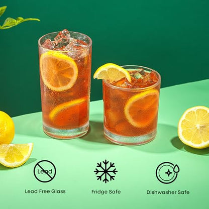 JoyJolt Alain Drinking Glasses Set of 8 Glass Tumblers. Highball 14oz Bar Glasses and Lowball 10oz Rocks Glasses Set. Cocktail, Juice, Whiskey Glasses or Water Glasses. Kitchen or Bar Glassware Set - style: Clear Glasses