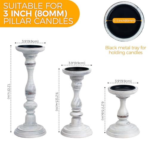 Rustic Distressed Wooden Candle Holder Set of 3 for Pillar Candles, Farmhouse Wood Candle Stands for Table Centerpieces & Living Room Home Decor (Rubber Wood(Distressed White))