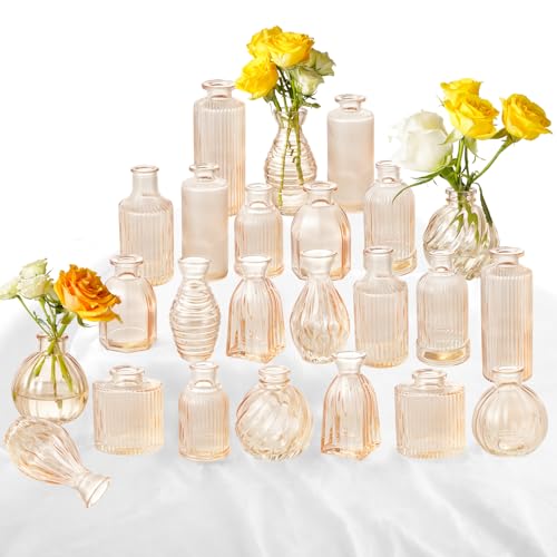 Champagne Bud Vases in Bulk 24 Packs Amber Glass Vase for Decor Centerpieces, Small Ribbed Vases for Flowers Stripe Modern Bud Vases Vintage Vases for Floral Wedding Party Table Decoration Home Decor - color: Champagne, size: 2 Packs