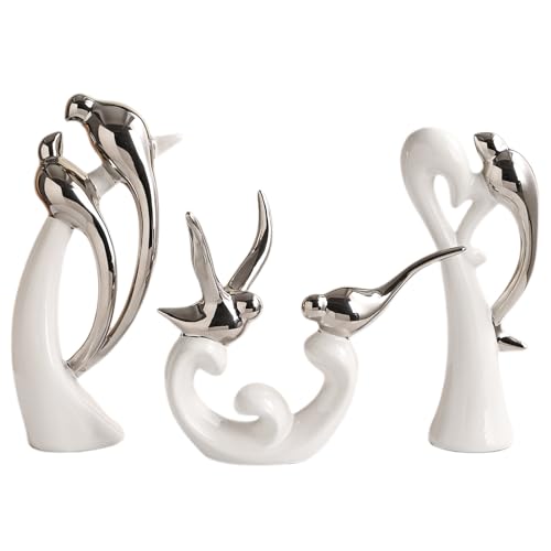 Ceramic Statues Set of 3, Birds and Base Sculpture Modern Home Decor | Aesthetic Abstract Decorative Statue for Living Room Bedroom Bookshelf Dining Centerpiece Office (White and Silver) - color: White and Silver
