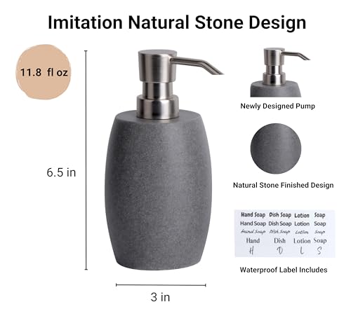 Clasin Home Sandstone Textured Resin Soap Dispenser with Metallic Pump and Waterproof Bottle Labels for Bathroom Kitchen Dish Hand Wash Shower Lotion Shampoo, 12 Oz, Gray - color: Dark Gray