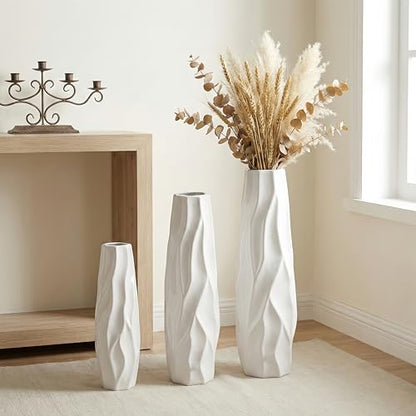 White Tall Ceramic Floor Vase, 24 Inch, Pleated Wave Design | Glossy Glazed Finish, Living Room, Fireplace, Entryway, Pampas Grass - color: Shape 1, size: 24 Inch