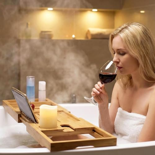 Premium Bamboo Bathtub Tray Caddy, Bath Tub Trays Table for Bathtub, Expandable Bath Caddy Tray, Bathtub & Bathroom Accessories for New Home, Anniversary and Wedding Gifts for Couple