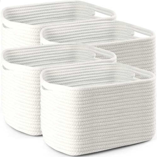 4 Pack Large Storage Baskets for Organizing, 16''Lx12''Wx8''H Woven Baskets for Storage Toys, Towels, Books, and Clothes, Cotton Rope Basket for Shelves with Handle - color: White, size: Extra Large