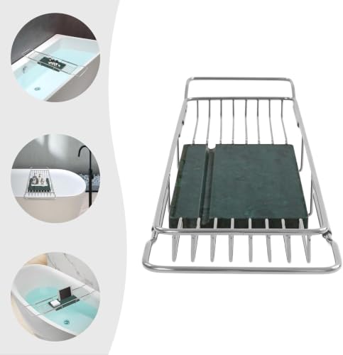 Expandable Stainless Steel Bathtub Caddy Tray with White Marble Board, | Extra Wide Rustproof Shelf, Book Tablet & Wine Glass Stand For Luxury Home Spa(Silver+Green) - color: Silver+green
