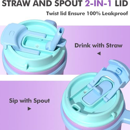 16oz Kids Insulated Tumbler w/Handle, 2 Pack Kids Toddler Water Bottle Cup | Leak-Proof Sip/Swig 2-in-1 Lids, BPA FREE 18/8 Stainless Steel Drinking Sippy Cup w/Straw Travel Mugs for Children Boys Girls - color: B2.Navy Blue & Light Blue