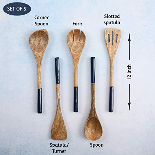 Folkulture Premium Wooden Spoons for Cooking,Kitchen Utensils Set of 5(12") | Soft, Comfort, Non-Toxic Cooking Utensils Set for Kitchen, Acacia Wooden Utensil Set, Cooking Gift, Kitchen Essential - color: Blue