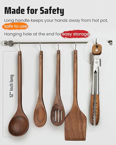 Elegant 5-Piece Walnut Wood Kitchen Utensil Set – Non-Scratch, Heat-Resistant Cooking Utensil Set with Kitchen Tongs, Spoons, Spatula & Ladle – Lightweight, Durable & Perfect for Daily Use or Gifting - color: The Monarch Walnut Set