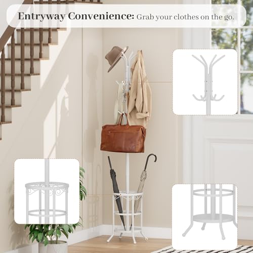 Coat Rack Freestanding with Umbrella Holder – Metal Hanger Stand, Hall Tree with 12 Hooks, Entryway Organizer for Hats, Bags, and Clothes (White) - color: White