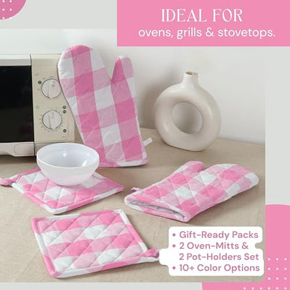 Buffalo Plaid Check Oven Mitts and Pot Holders Set, 100% Cotton, Heat Resistant, 2 Oven Gloves (7x13 Inches) and 2 Hot Pads (8x8 Inches) for Cooking and Baking, Rose Pink White - color: Rose Pink, Buffalo Plaid