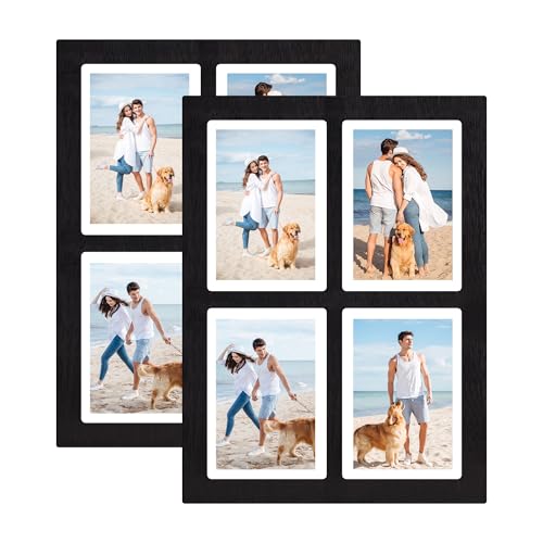 YESKAY Picture Frame Collage 5x7 Set of 2,Real Glass 4-Opening 5 x 7 Wooden Frame Display Multiple Family Photos for Wall Mounting,Rustic Black - color: Rustic Black, size: 5x7-4 Opening(OD:11x15in)