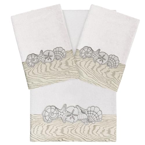 Seaside 3-Piece Towel Set, Embroidered Seashells, 100% Turkish Cotton, Ultra Absorbent & Soft, Coastal Bathroom Decor, 1 Bath 2 Hand Towels, Silver - color: Silver, size: 1 Pc Bath 2 Pcs Hand Towel