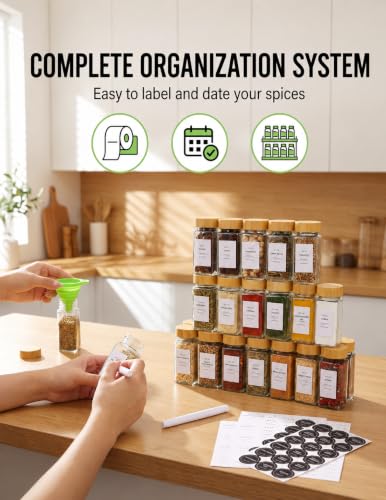 Spice Jar Set, 24 Pcs 4oz Glass Spice Jars with Labels and Bamboo Lids, Square Spice Bottles with Shaker Lids for Cabinet, Drawer, Pantry and Spice Rack Organization