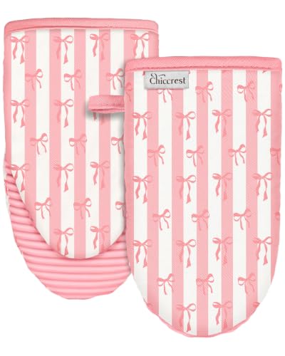 100% Thick Cotton Oven Mitts Ribbed Soft Silicone Cute Pink Bow | Aesthetic Oven Mitts for Women, Machine Washable Non-Slip Kitchen Mitts, Reversible for Both Hands, Stylish Kitchen Decor - color: Pink Bow