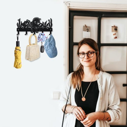 MAYJOYDIY Octopus Marine Life Metal Key Hook 9.8×4.7inch Seagrass Water Plant Bubbles Coat Rack Wall Mounted 5 Hooks Sea Animal Key Holder Black Wall Decor Gift for Coats Hats Towels Bags - style: Octopus Marine Life