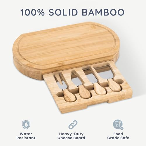 CUQOO Oak Wooden Cheese Board Set with 4 Knives Slide Out Drawer – Large Cheese Platter Cutting for Cracker and Meat | Wooden Serving Plate Tray | Unique Housewarming Gift for Christmas & Birthday