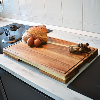 Acacia Wood Cutting Board for Kitchen, Thick Non Toxic Butcher Block | Hard Wood Edge Grain With Juice Groove 25" x 15" (Thick 1.7") Professional Heavy Duty Wooden Chopping Board (Oil Included) - color: Acacia Wood, size: 24"L x 15"W