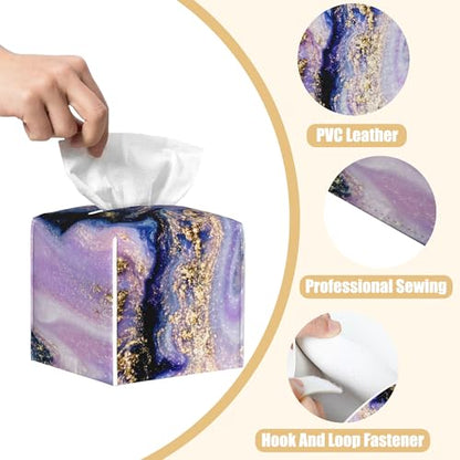 Purple and Gold Marble Tissue Box Cover Square, Abstract Art Tissue Box Holder with Bottom Belt Leather Facial Paper Organizer Dispenser for Bathroom Bedroom Dresser Night Stand Tabletop - color: Purple and Gold Marble