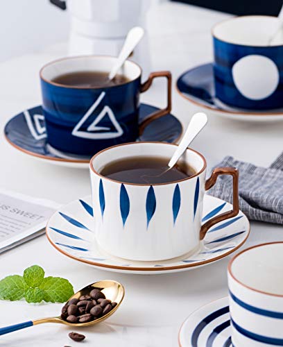Jusalpha- 7OZ Porcelain Tea/Coffee Cup With Spoon Saucer Set, Serve of 4 | Japanese style hand printed design