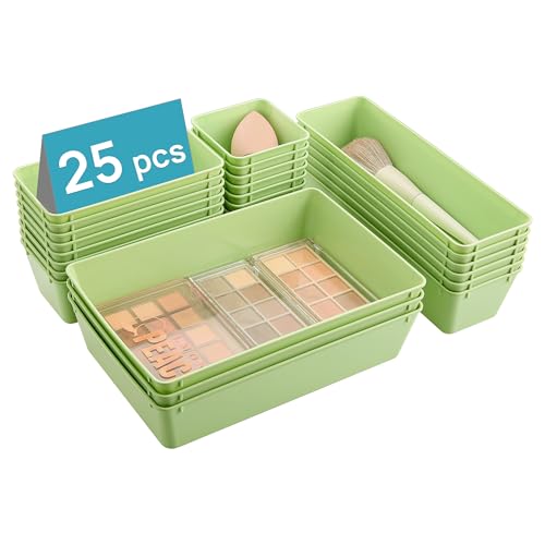 Vtopmart 25 Pack Plastic Drawer Organizers with Non-slip Rubber Pads | 4-Size Versatile Makeup Organizer, Storage Containers Small Bins for Makeup, Jewelries, Bedroom, Kitchen Utensils and Office - color: Light Green