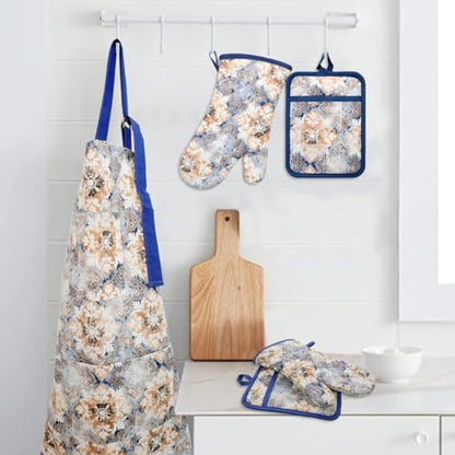 Oven Mitts and Pot Holders with Cooking Apron Set of 5, Heat Resistant Kitchen Gloves and Silicone Non-Slip Potholders, Adjustable Neck Buckle Chef Apron, Cotton Nice Design for Cooking (Blue Retro) - color: Blue Retro
