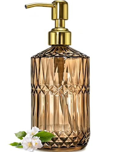 JASAI 18Oz Amber Glass Soap Dispenser with Gold RustProof Pump for Bathroom | Refillable Dish soap Dispenser for Kitchen Sink, Soap Dispenser Bathroom for Hand soap, Lotion, Dish Soap. - color: Amber-golden Pump, size: 1Pack