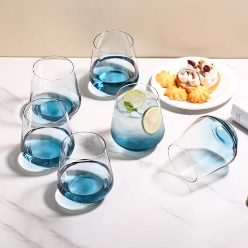 JOVGANK Blue Stemless Wine Glasses Set of 6 - Hand Blown White Red Stemless Wine Glass - 17 oz, [Lead-Free Crystal Glass] Large Short Glass Tumblers, Housewarming Gifts and Mother's Day Gift - color: Blue