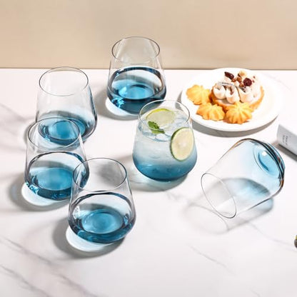 JOVGANK Blue Stemless Wine Glasses Set of 6 - Hand Blown White Red Stemless Wine Glass - 17 oz, [Lead-Free Crystal Glass] Large Short Glass Tumblers, Housewarming Gifts and Mother's Day Gift - color: Blue