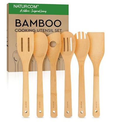 6 PCS Wooden Utensil Set, Bamboo Kitchen Cooking Spoons and Spatulas for Nonstick Cookware, 12 Inch Essential Wood Tools - size: 12 inches