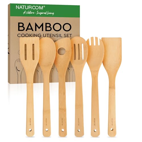 6 PCS Wooden Utensil Set, Bamboo Kitchen Cooking Spoons and Spatulas for Nonstick Cookware, 12 Inch Essential Wood Tools - size: 12 inches