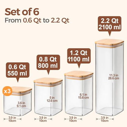 ComSaf Glass Storage Containers Set of 6 (2.2Qt/1.2Qt/0.8Qt/0.6Qt*3) | Pantry Storage Containers, Kitchen Jar, Glass Canisters, Bamboo Lid with Silicone Seal, Flour, Cereal, Spice Jar, BPA Free - size: 0.6Qt*3/0.8Qt*1/1.2Qt*1/2.2Qt*1