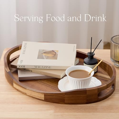 Acacia Wood Serving Tray with Handles - 17'' x 13'' Round, Decorative Ottoman Trays for Breakfast, Home Decor, Tea Party, Coffee Table, Candle Display, Kitchen Counter Board