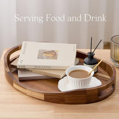 Acacia Wood Serving Tray with Handles - 17'' x 13'' Round, Decorative Ottoman Trays for Breakfast, Home Decor, Tea Party, Coffee Table, Candle Display, Kitchen Counter Board